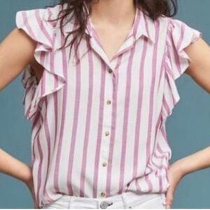 Anthropologie Striped Ruffle Sleeve Button Shirt